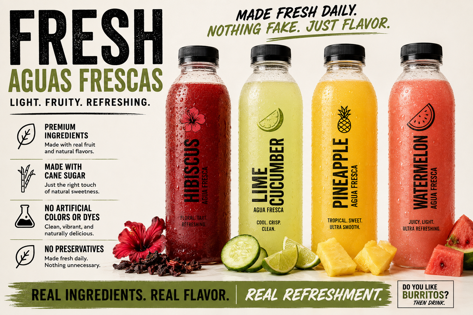 Fresh Aguas Frescas β Hibiscus, Lime Cucumber, Pineapple, Watermelon