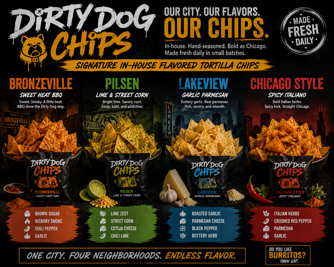 Dirty Dog Chips β Bronzeville Sweet Heat BBQ, Pilsen Lime & Street Corn, Lakeview Garlic Parmesan, Chicago Style Spicy Italiano