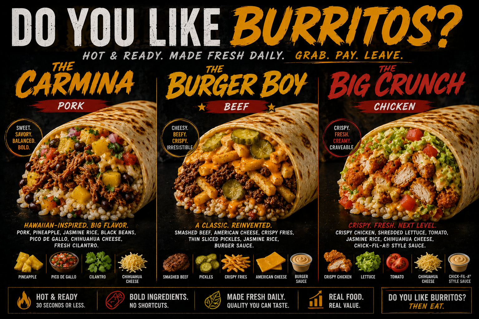 The Carmina (Pork), The Burger Boy (Beef), The Big Crunch (Chicken) β final three burrito flavors