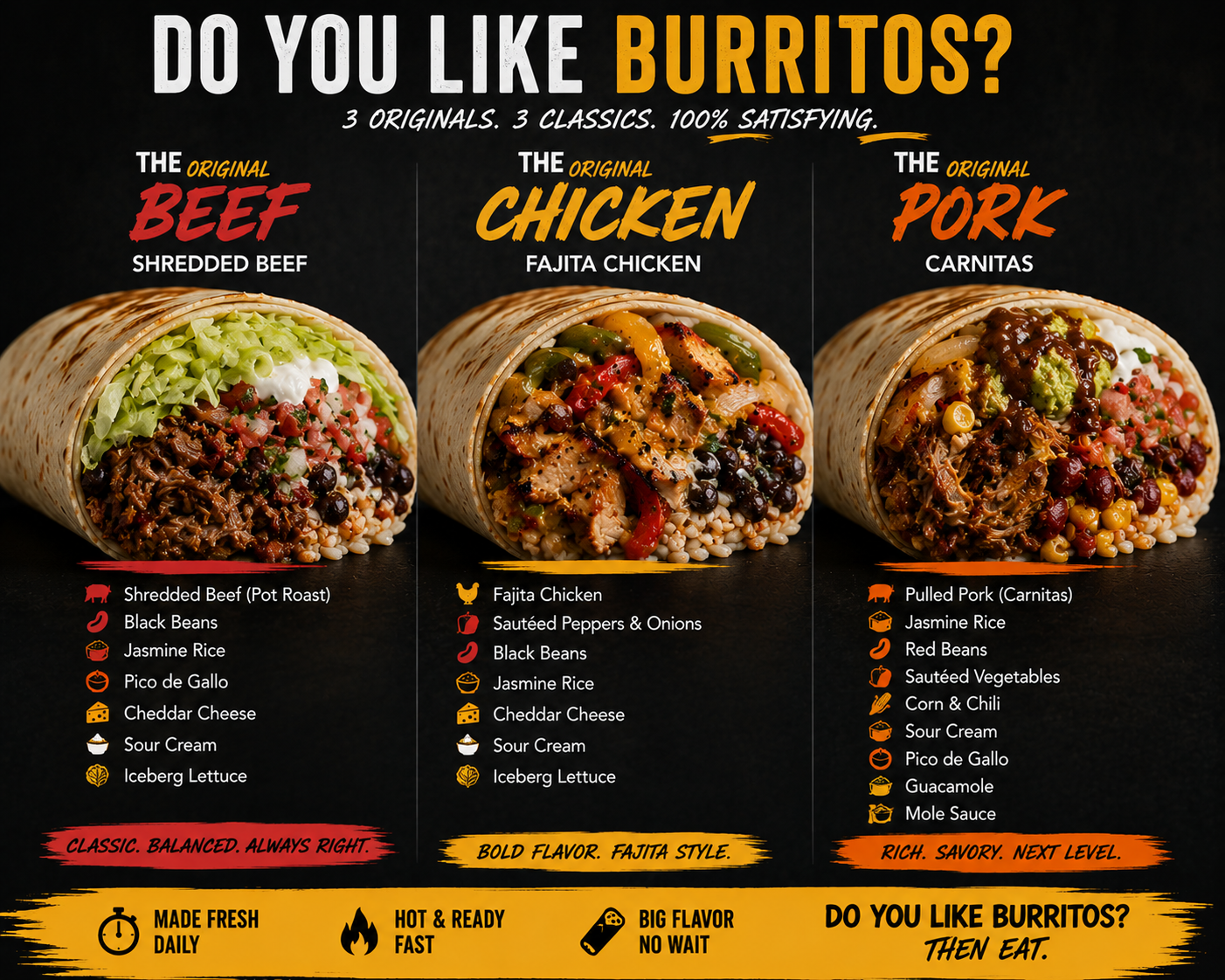The Original Beef, Chicken, and Pork burritos cut open
